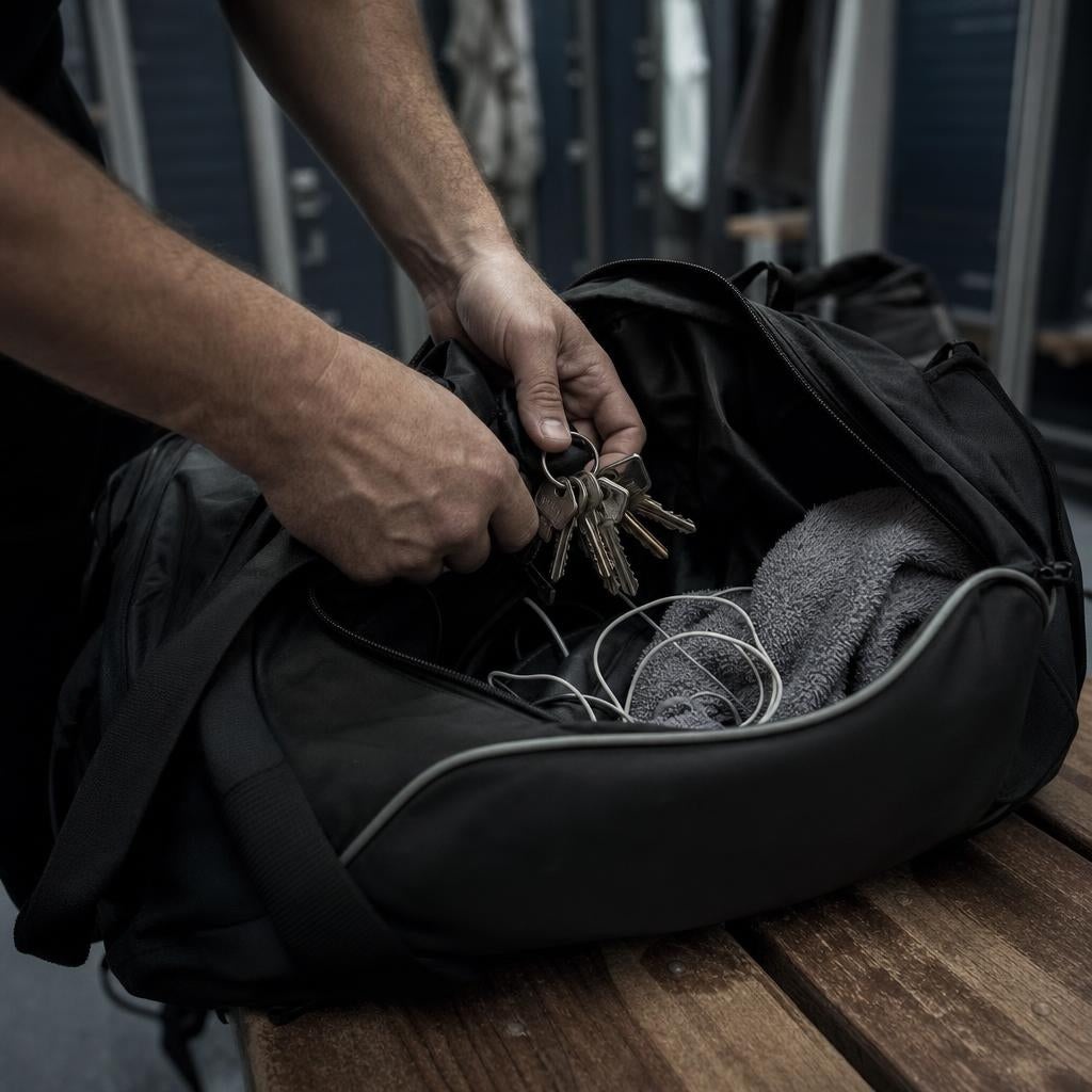 Manos buscando un manojo de llaves en una bolsa de deporte